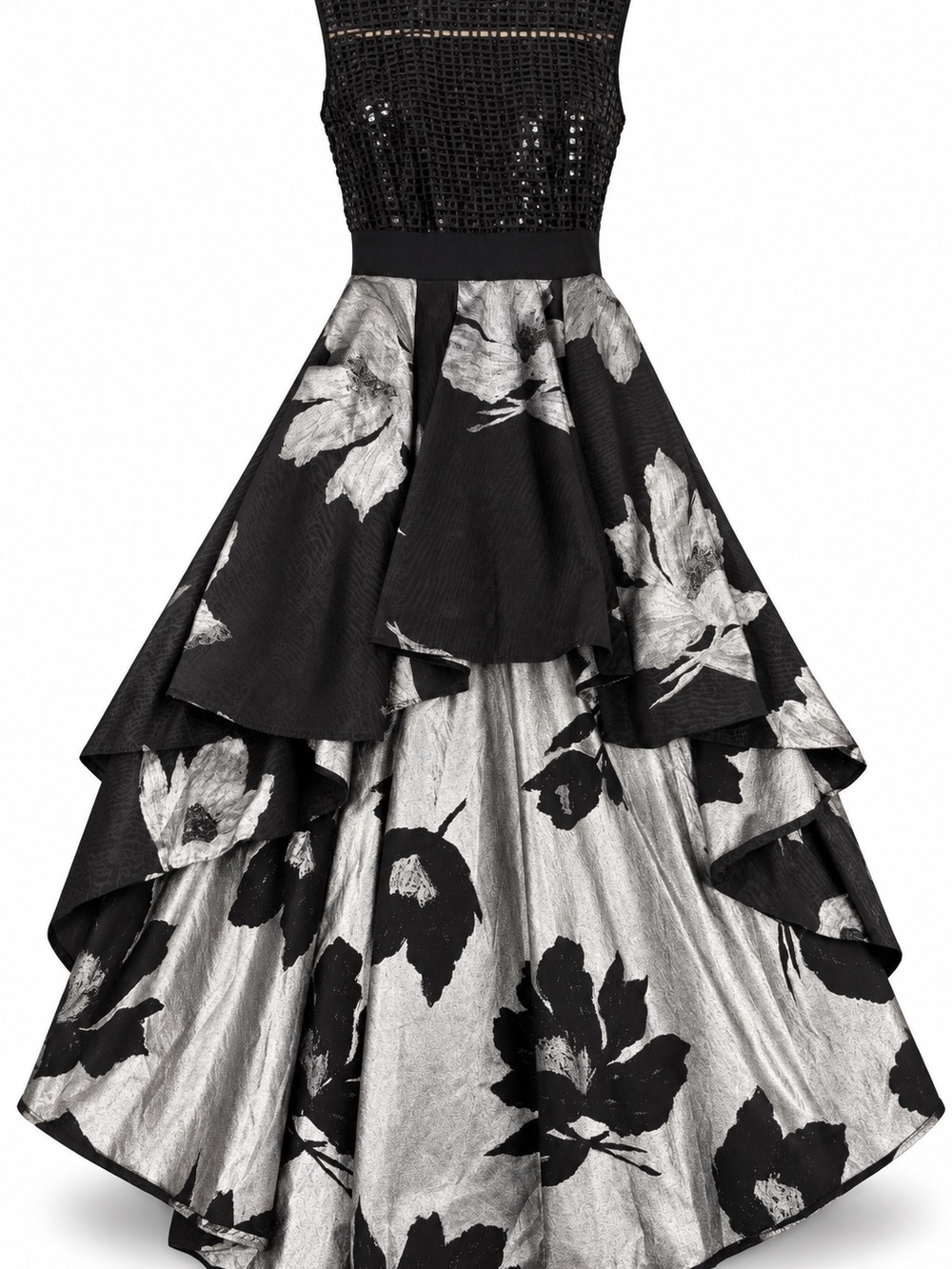Christian Pellizzari Mixed Media Gown Size 2 Black Silver Sequin Hi Low Italy